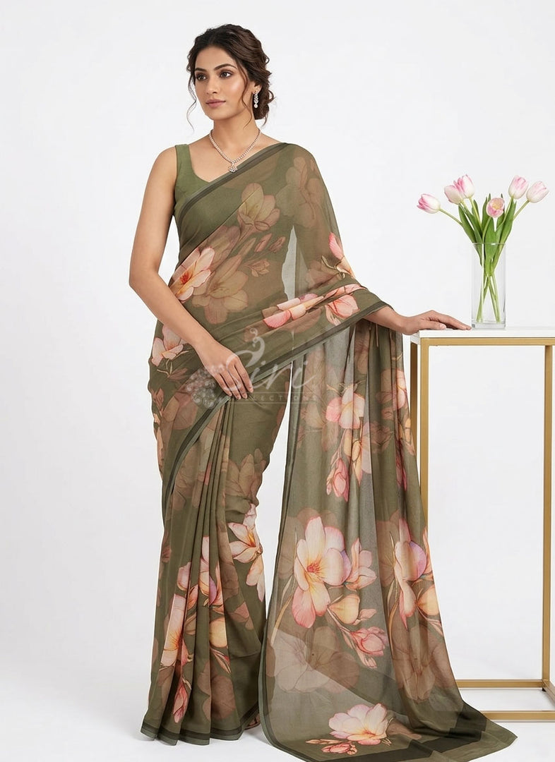 Beautiful Digital Print Soft Siri Chiffon Saree with Blouse