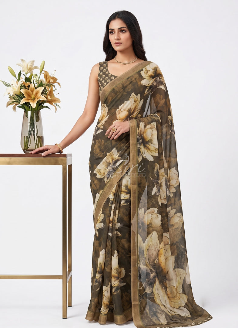 Beautiful Digital Print Soft Siri Chiffon Saree with Blouse