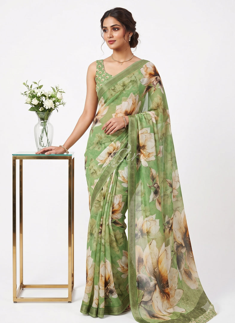 Beautiful Digital Print Soft Siri Chiffon Saree with Blouse