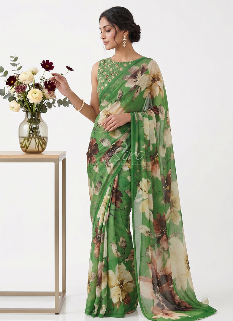 Siri Collections Digital Print Soft Siri Chiffon Green Colour Saree with Blouse