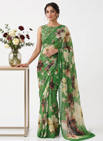 Load image into Gallery viewer, Siri Collections Digital Print Soft Siri Chiffon Green Colour Saree with Blouse