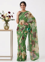 Load image into Gallery viewer, Siri Collections Digital Print Soft Siri Chiffon Green Colour Saree with Blouse