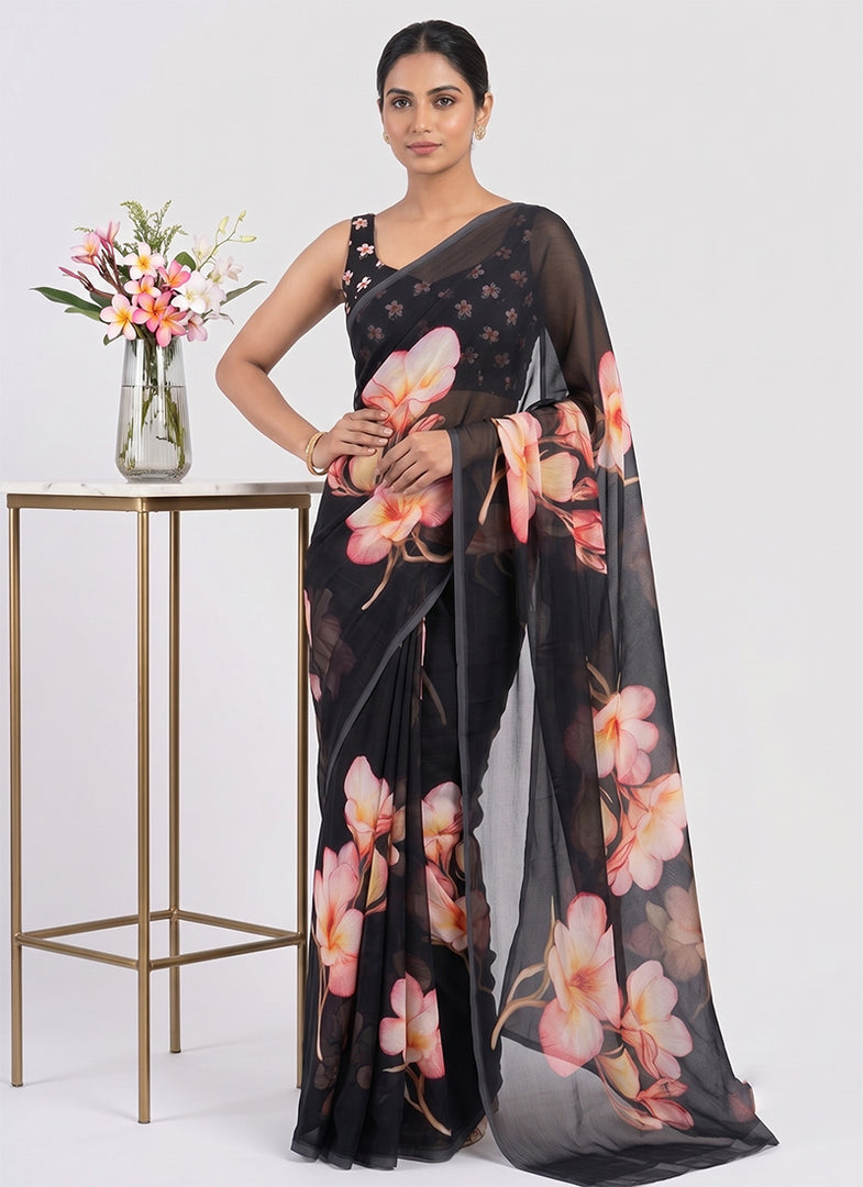 Siri Collections Digital Print Soft Siri Chiffon Balck Colour Saree with Blouse
