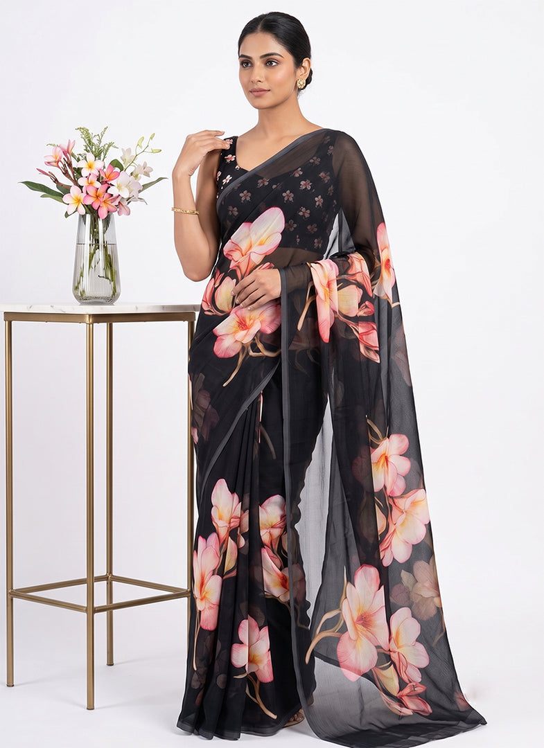 Siri Collections Digital Print Soft Siri Chiffon Balck Colour Saree with Blouse