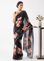 Load image into Gallery viewer, Siri Collections Digital Print Soft Siri Chiffon Balck Colour Saree with Blouse