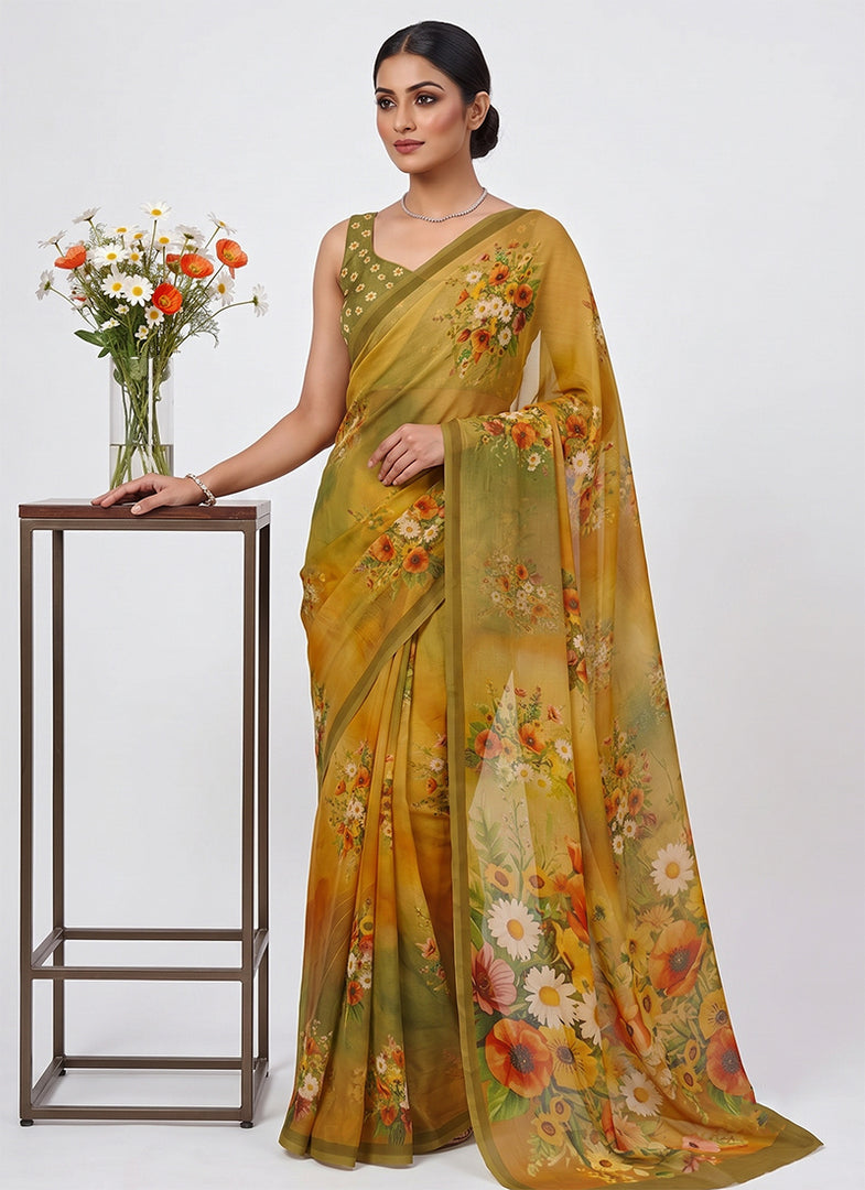 Siri Collections Digital Print Soft Siri Chiffon Saree with Blouse