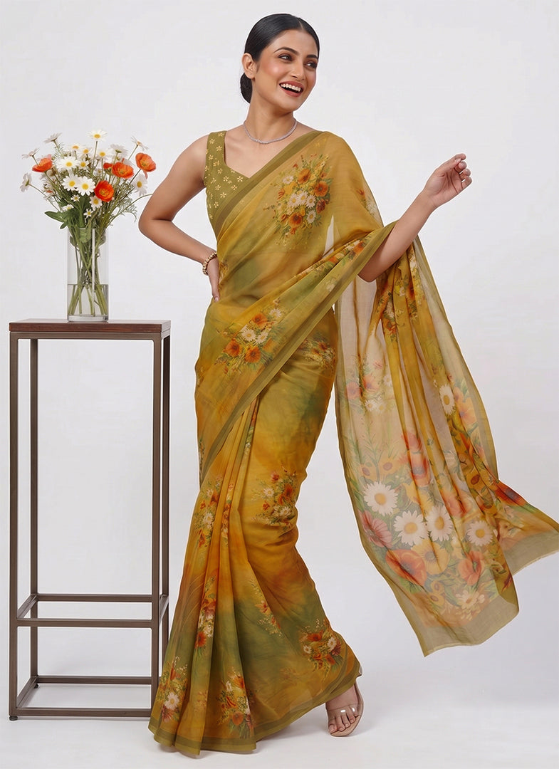 Siri Collections Digital Print Soft Siri Chiffon Saree with Blouse