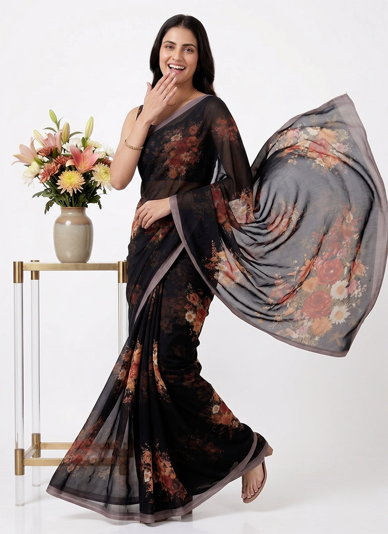 Siri Collections Digital Print Soft Siri Chiffon Saree with Blouse