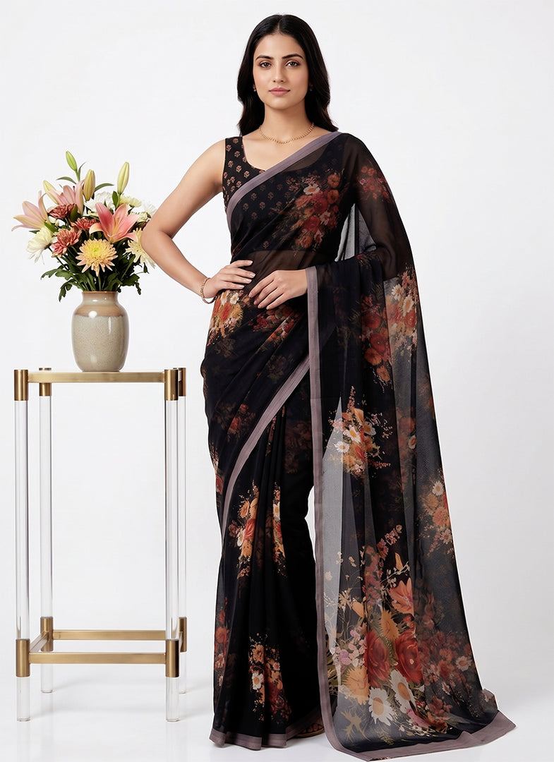 Siri Collections Digital Print Soft Siri Chiffon Saree with Blouse