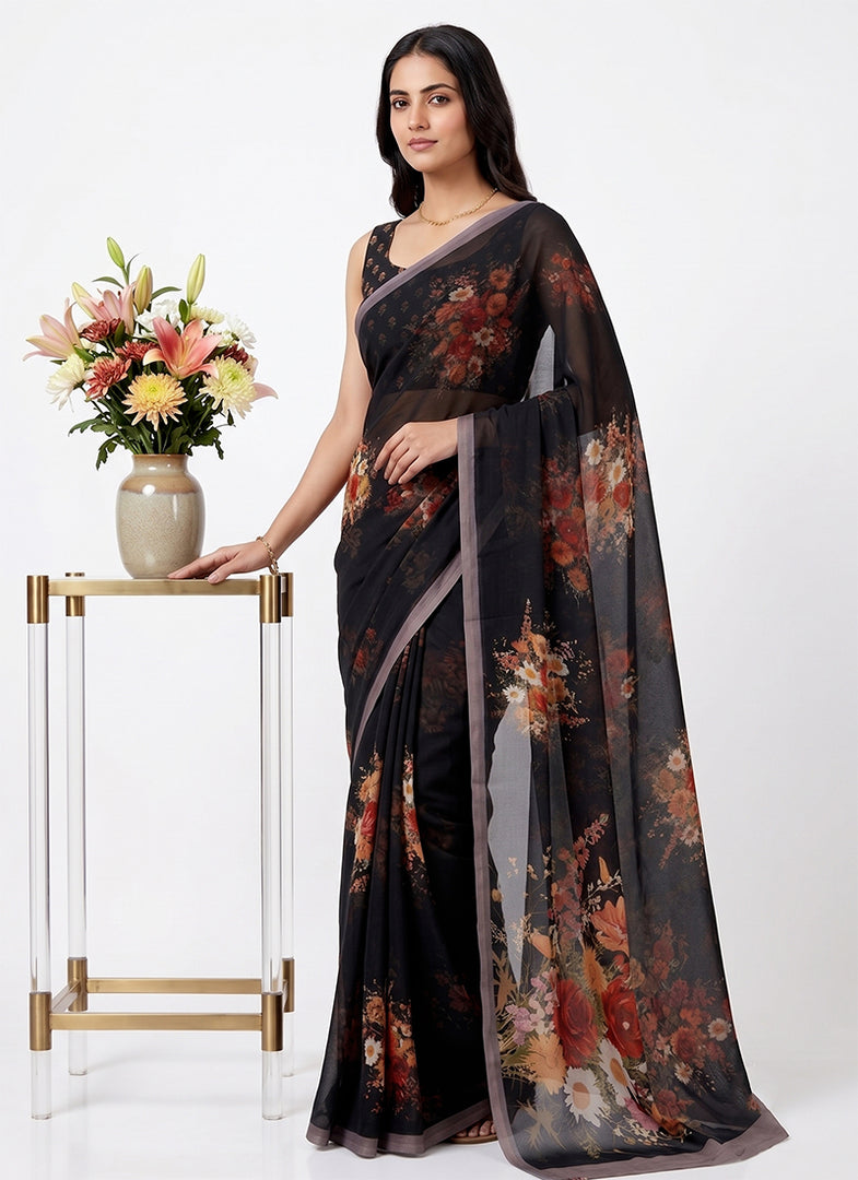 Siri Collections Digital Print Soft Siri Chiffon Saree with Blouse