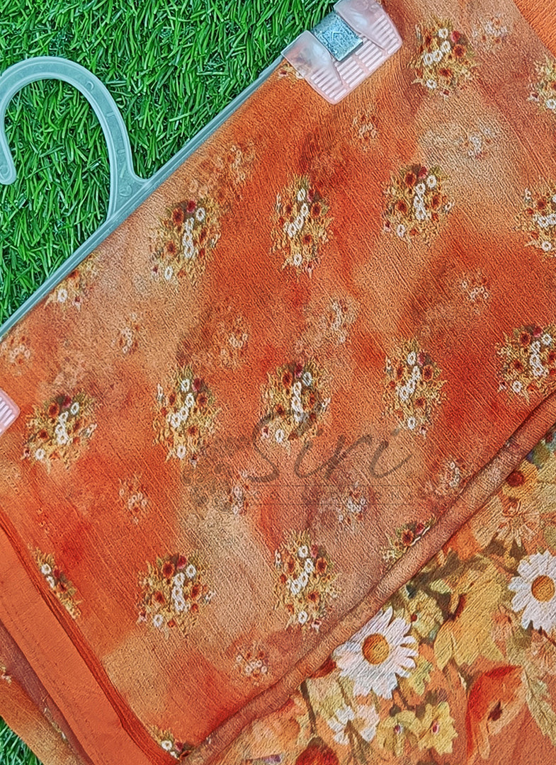Siri Collections Digital Print Soft Siri Chiffon Shaded Orange Colour Saree