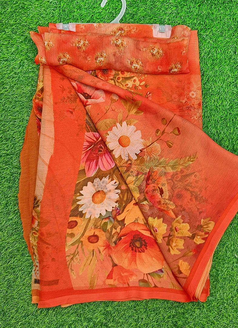 Siri Collections Digital Print Soft Siri Chiffon Shaded Orange Colour Saree