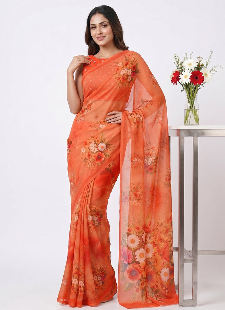 Siri Collections Digital Print Soft Siri Chiffon Shaded Orange Colour Saree