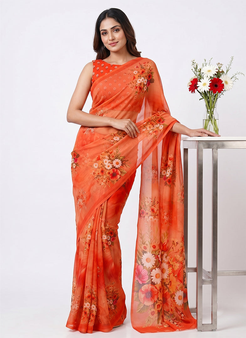 Siri Collections Digital Print Soft Siri Chiffon Shaded Orange Colour Saree