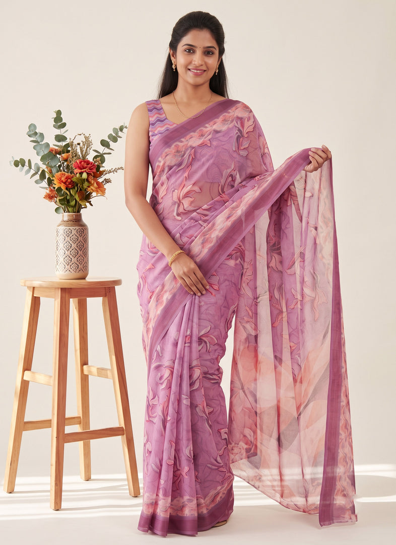 Siri Collections Digital Print Soft Siri Chiffon Saree with Blouse