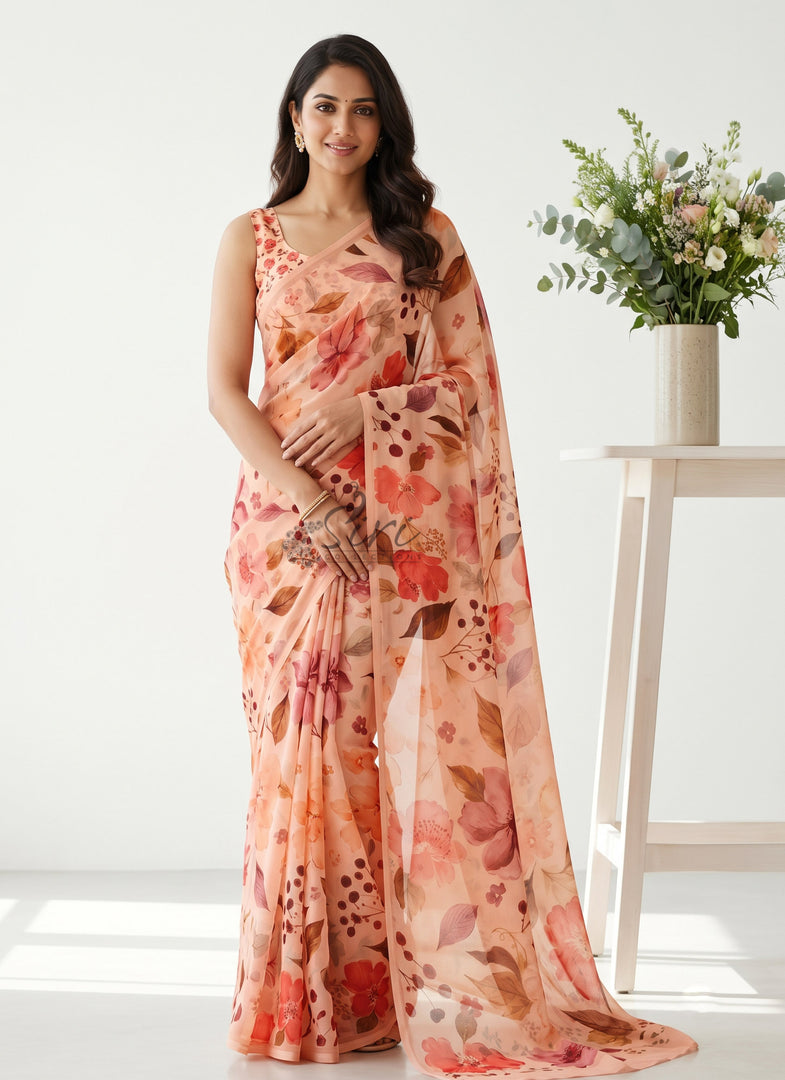 Siri Collections Digital Print Soft Siri Chiffon Saree with Blouse