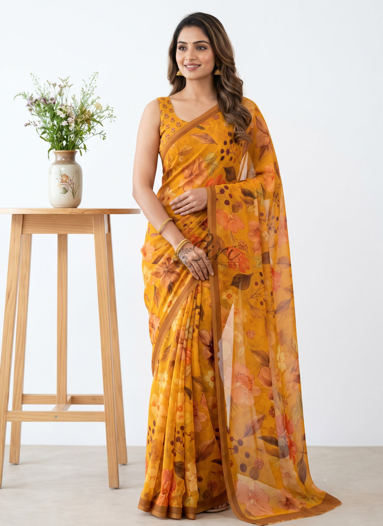 Siri Collections Digital Print Soft Siri Chiffon Saree with Blouse