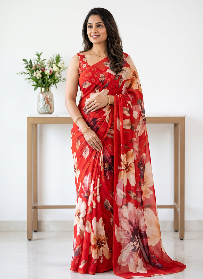 Siri Collections Digital Print Soft Siri Chiffon Saree with Blouse