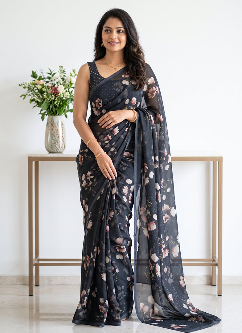 Siri Collections Digital Print Soft Siri Chiffon Saree with Blouse