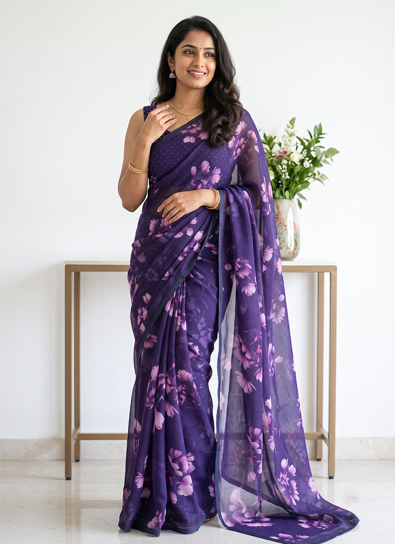 Siri Collections Digital Print Soft Siri Chiffon Saree with Blouse