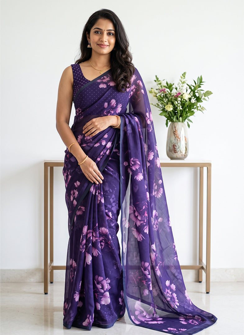Siri Collections Digital Print Soft Siri Chiffon Saree with Blouse