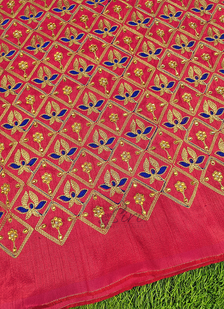 Beautiful Raw Silk Fabric in Embroidery Stone Work