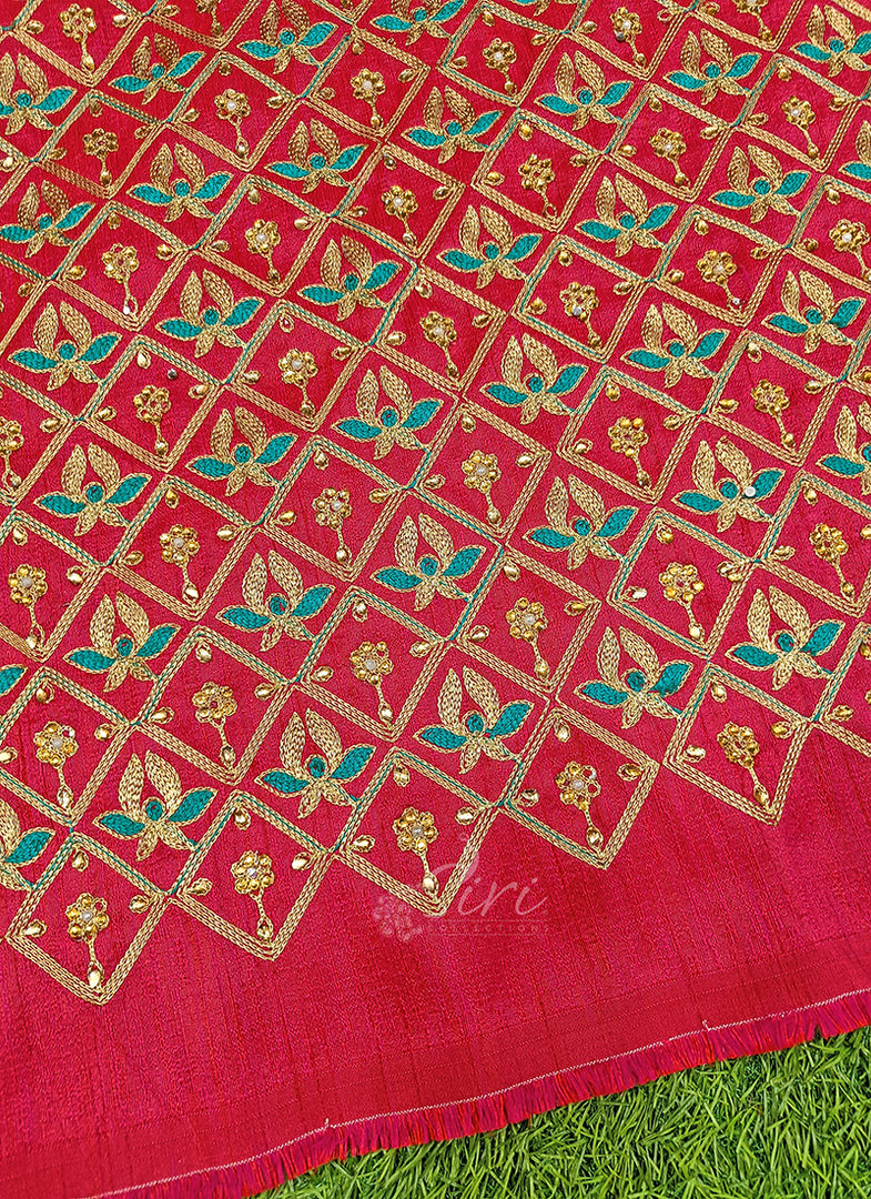 Beautiful Raw Silk Fabric in Embroidery Stone Work