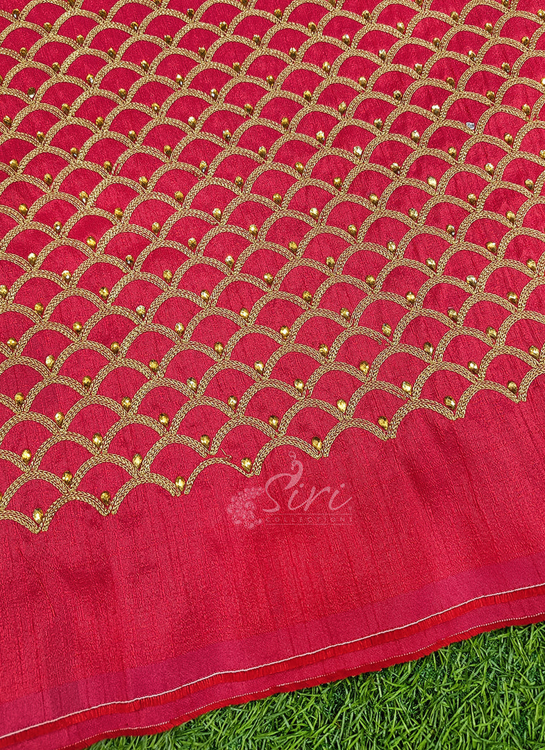 Lovely Raw Silk Fabric in Embroidery Stone Work