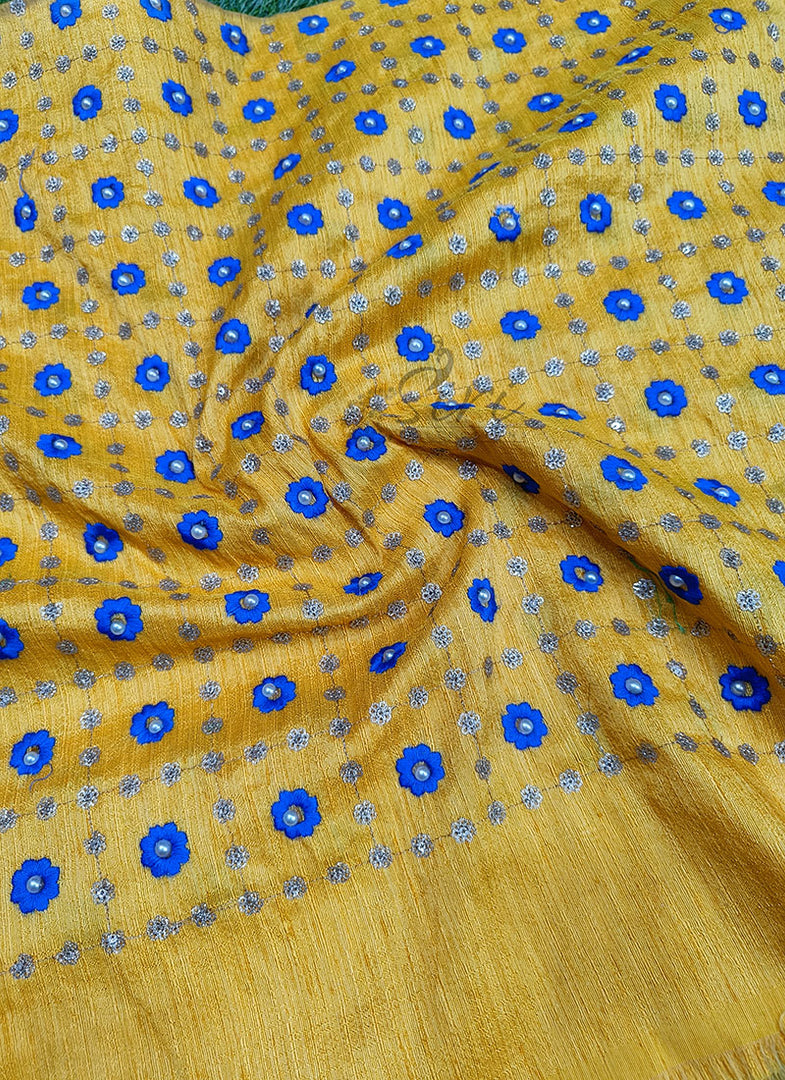 Partywear Raw Silk Fabric in Embroidery Work