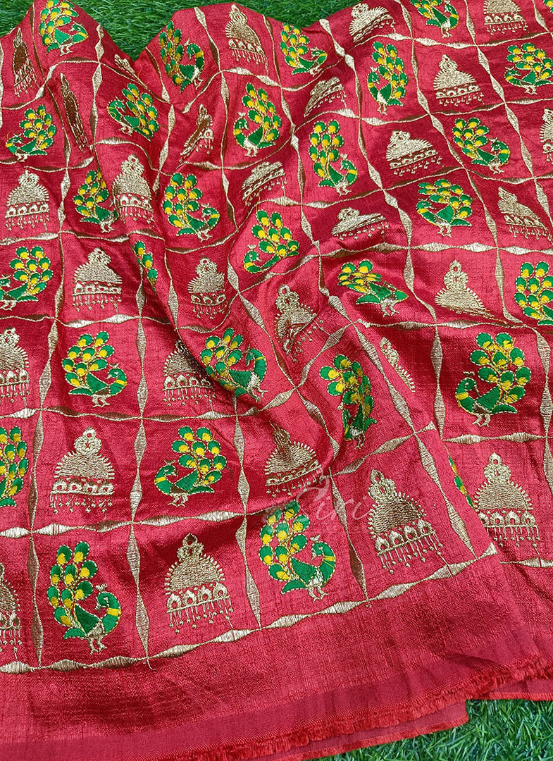 Partywear Raw Silk Fabric in Embroidery Work