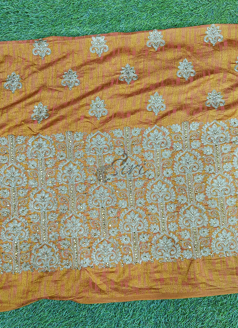 Partywear Raw Silk Fabric in Embroidery Work