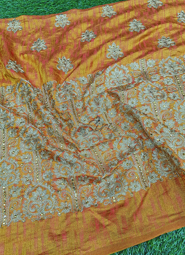 Partywear Raw Silk Fabric in Embroidery Work