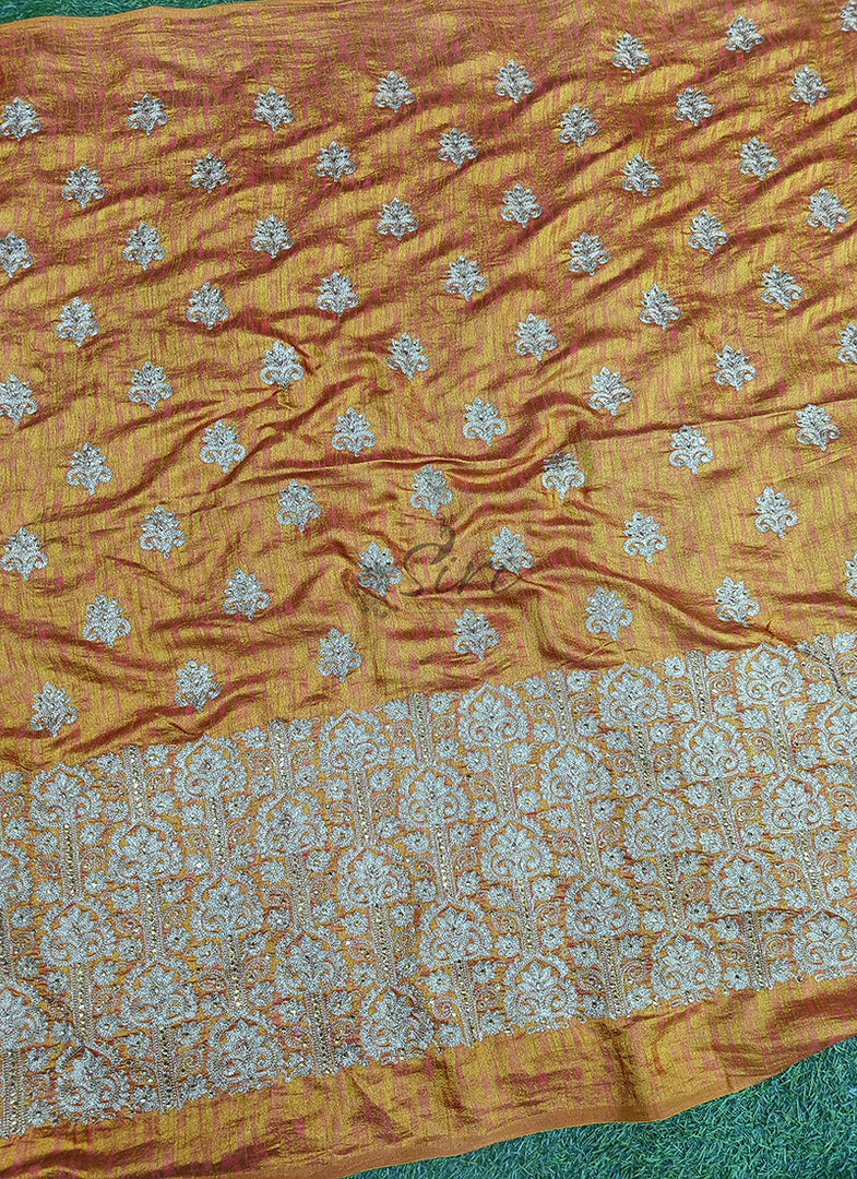 Partywear Raw Silk Fabric in Embroidery Work