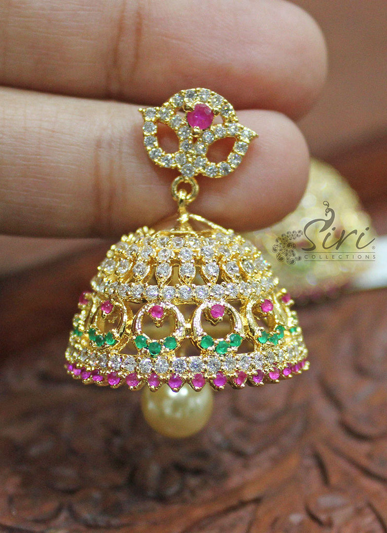 Traditional Multi AD Stone Jhumkis with Pearl Drop