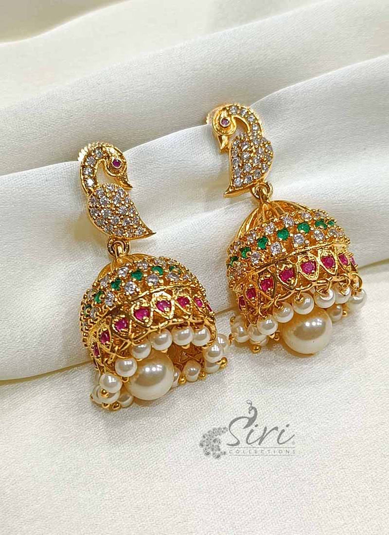 Lovely CZ Stone Jhumkas in Peacock Design