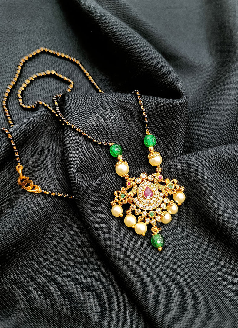 Lovely Black Beads Chain in Peacock Design Pendant