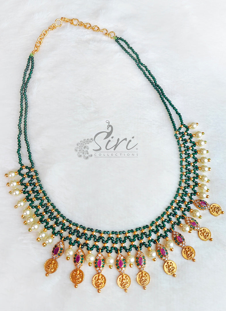 Beautiful Handmade Necklace Green Spinels And Lakshmi Kasu