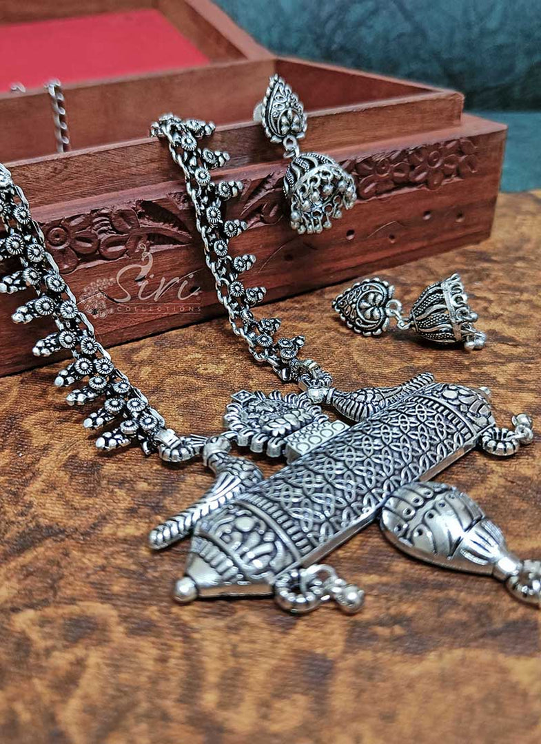 Designer Black Metal Long Necklace Set - Main Image