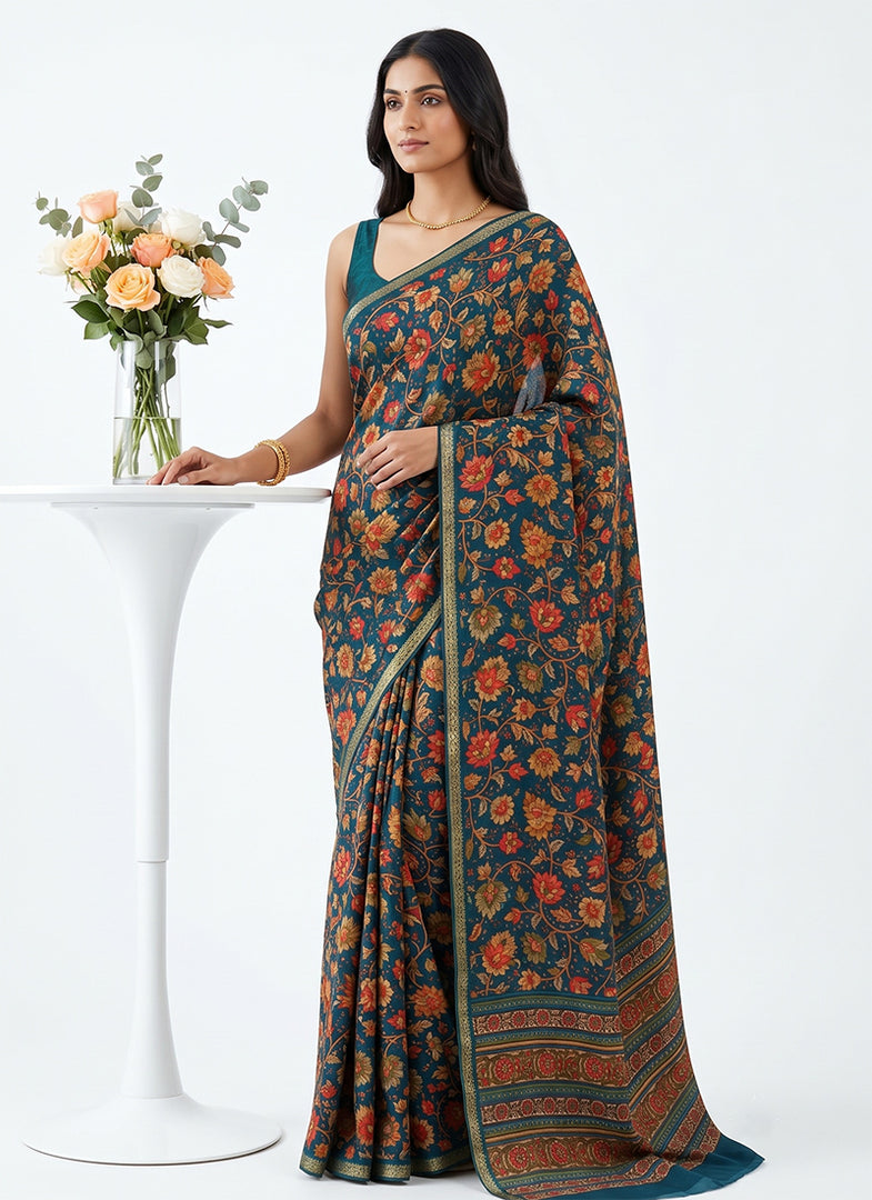 Siri Collections Digital Print Pure Chinon Silk Saree with Blouse