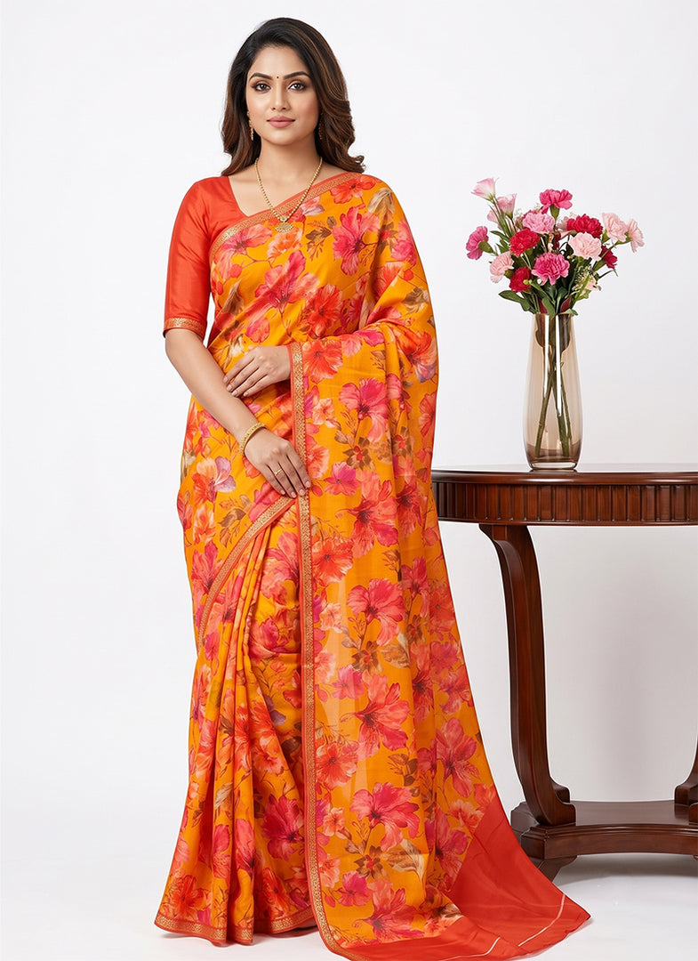 Siri Collections Digital Print Pure Chinon Silk Saree with Blouse