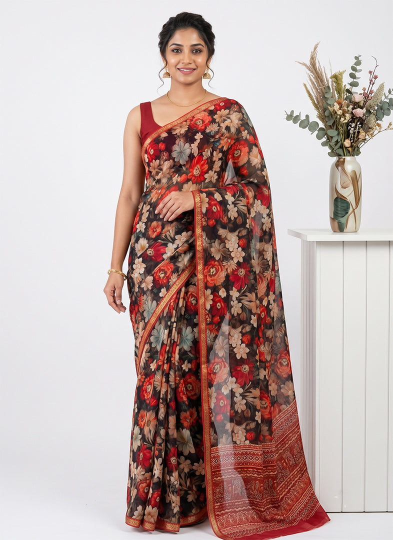 Siri Collections Digital Print Pure Chinon Silk Saree with Blouse