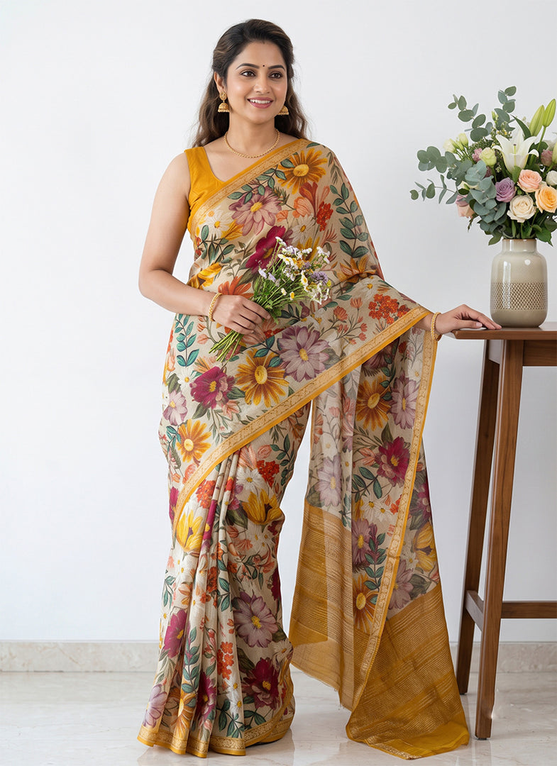 Siri Collections Digital Print Pure Chinon Silk Saree with Blouse