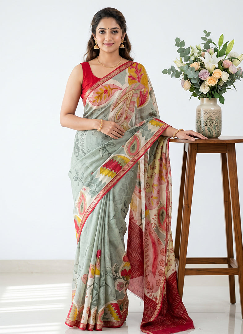 Siri Collections Digital Print Pure Chinon Silk Saree with Blouse