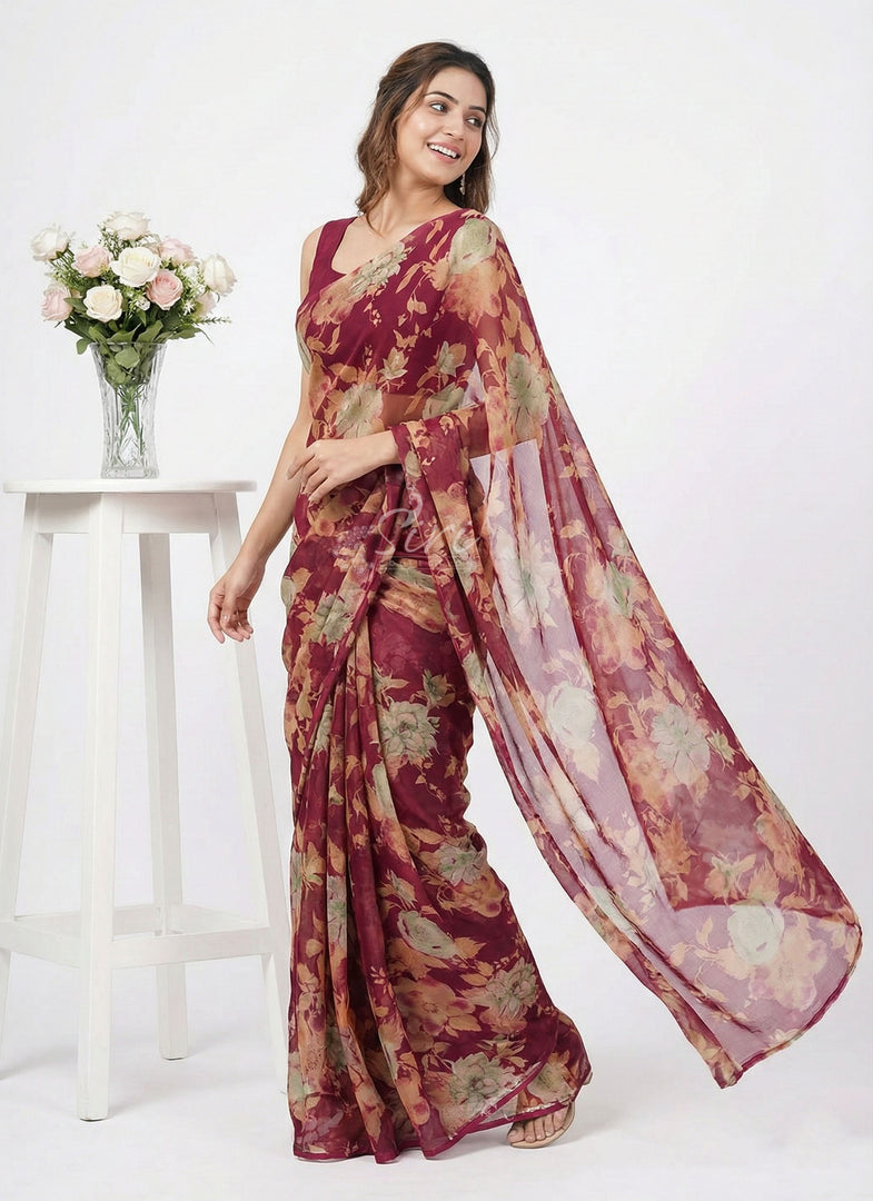 Latest Beautiful Printed Floral Nara Chiffon Saree