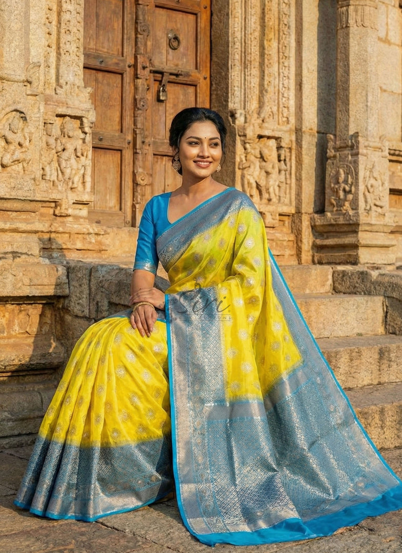 Pure Handloom Banarasi Kora Silk Saree with Rich Zari Butis & Contrast Border