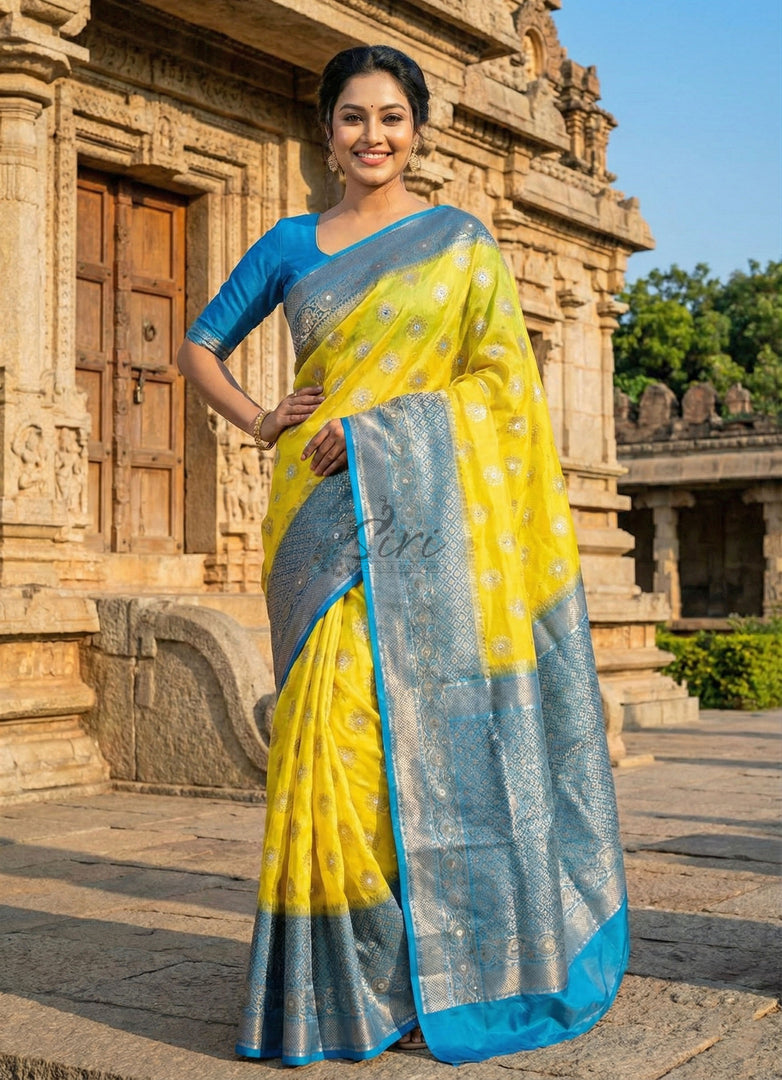 Pure Handloom Banarasi Kora Silk Saree with Rich Zari Butis & Contrast Border