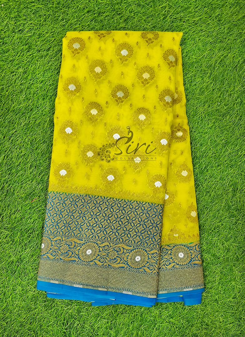 Pure Handloom Banarasi Kora Silk Saree with Rich Zari Butis & Contrast Border