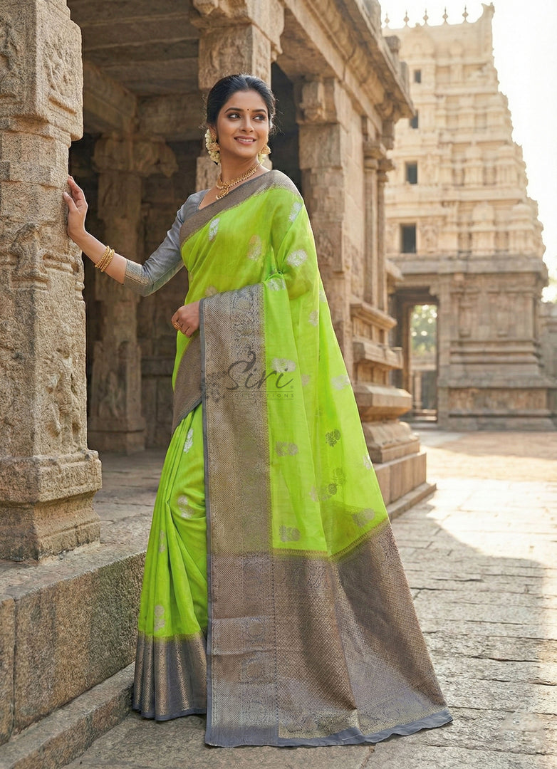 Pure Handloom Banarasi Kora Silk Saree with Rich Zari Butis & Contrast Border