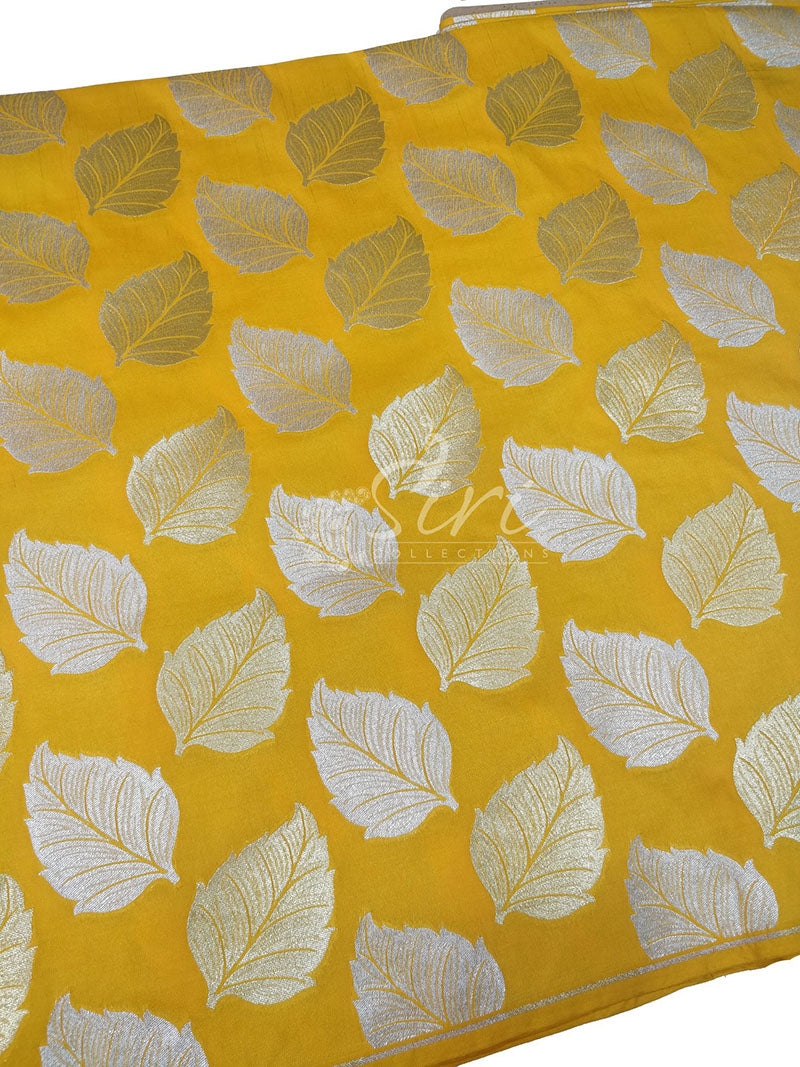 Banarasi Silk Fabric in Leaf Design with Gold and Silver Weaving