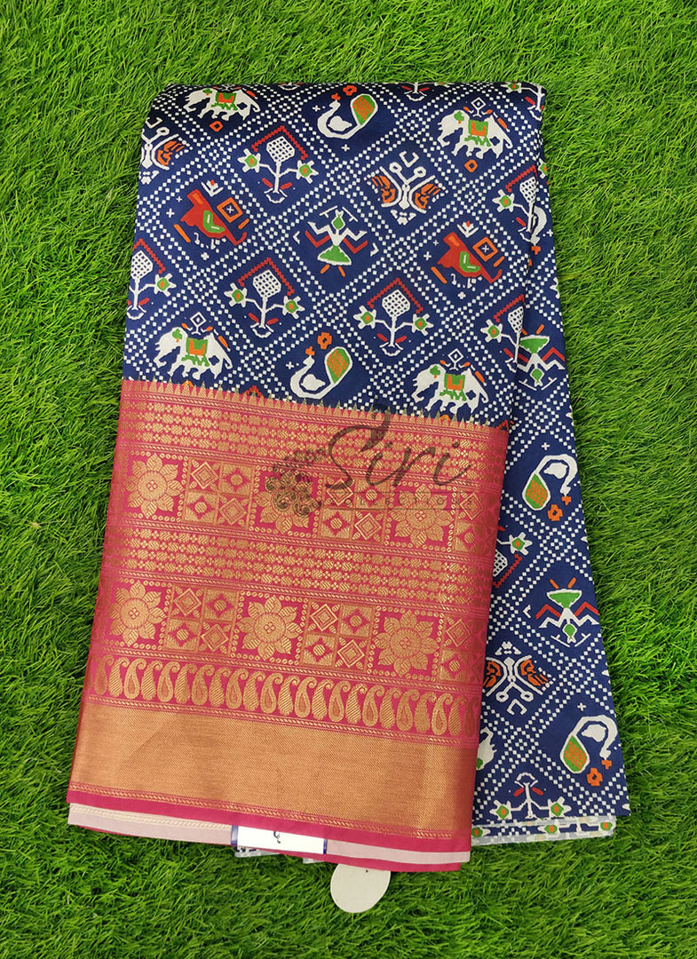Beautiful Patola Print Dupion Silk Fabric in Kanchi Borders